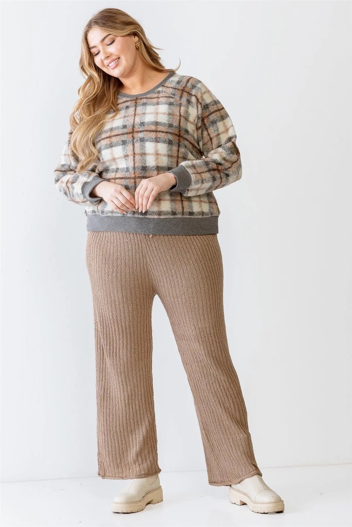 Junior Plus Mocha Wildfire Plaid Cotton Blend Long Sleeve Sweater /1-2-1 - Tasha Apparel Wholesale