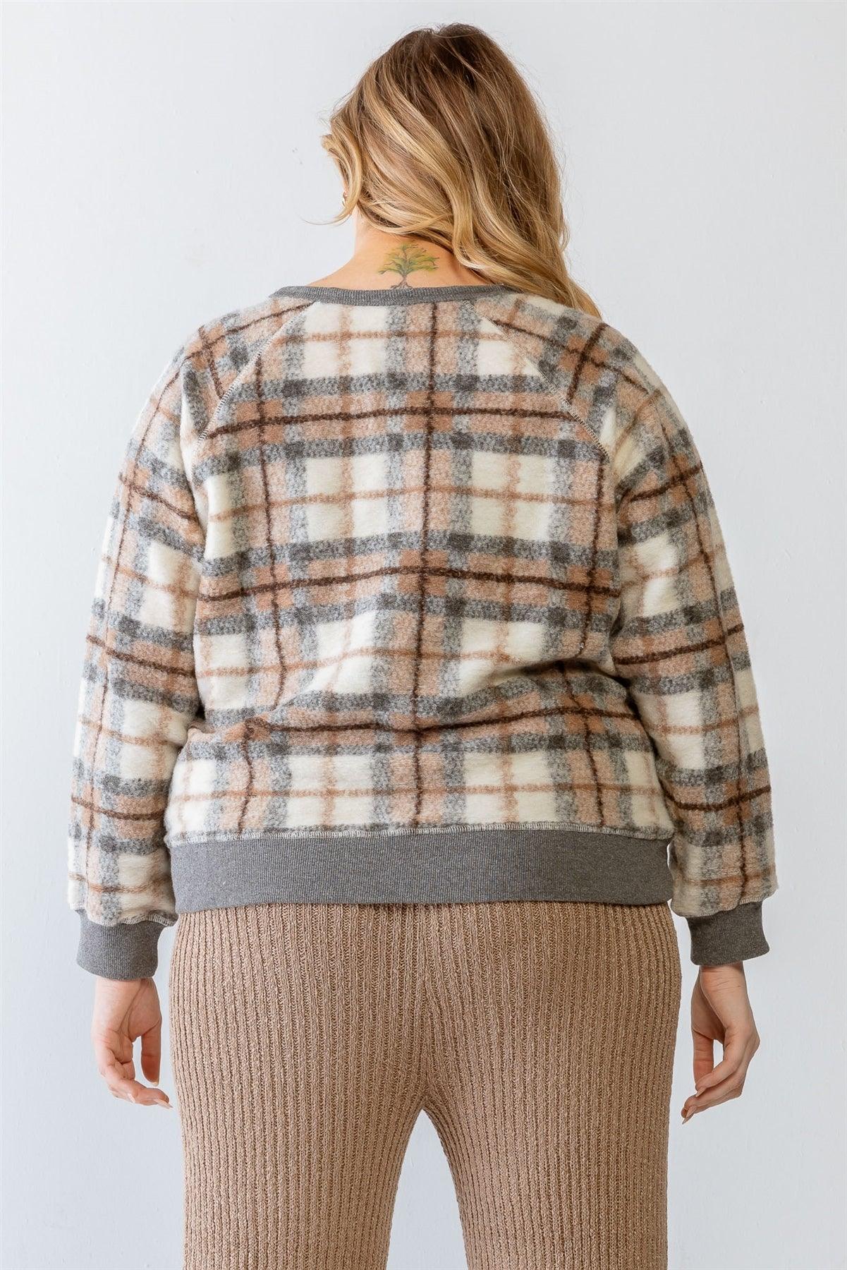 Junior Plus Mocha Wildfire Plaid Cotton Blend Long Sleeve Sweater /3-2-1