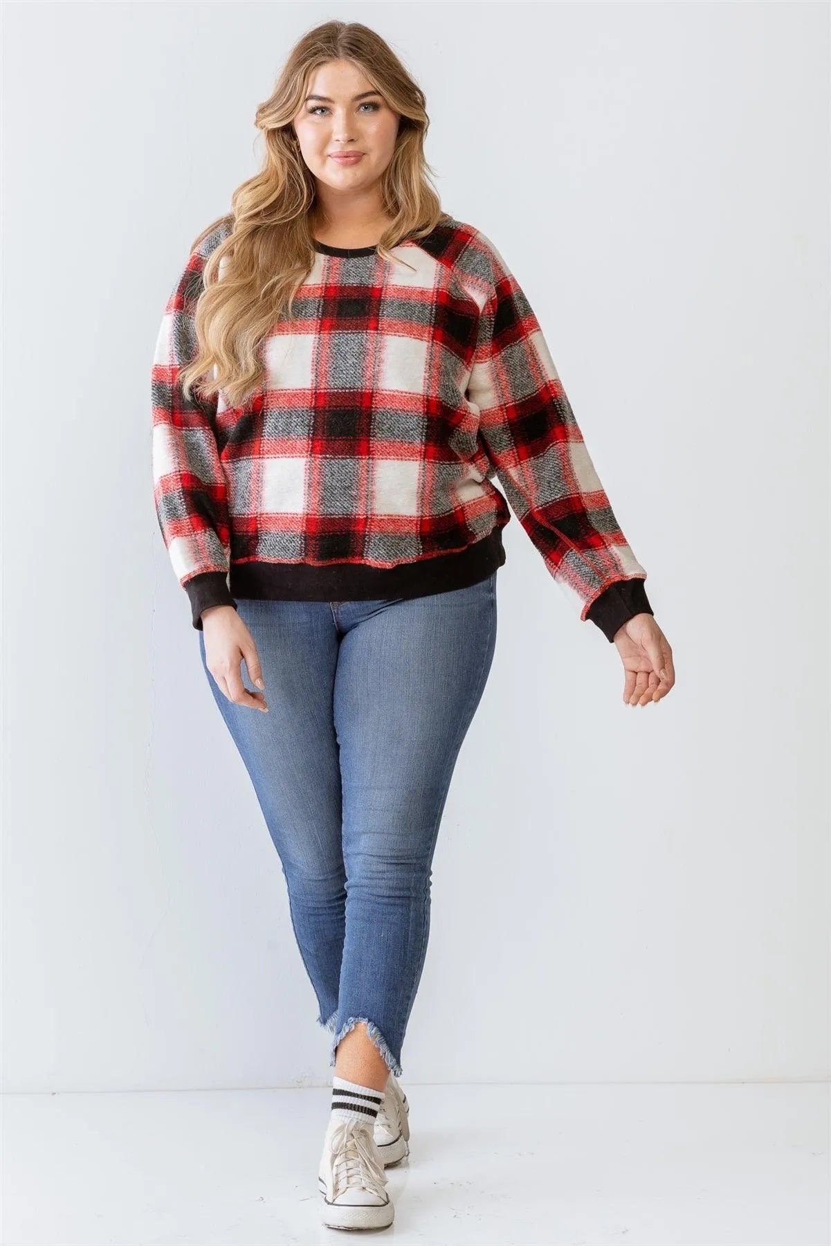 Junior Plus Red Wildfire Plaid Cotton Blend Long Sleeve Sweatshirt /3-2-1 - Tasha Apparel Wholesale