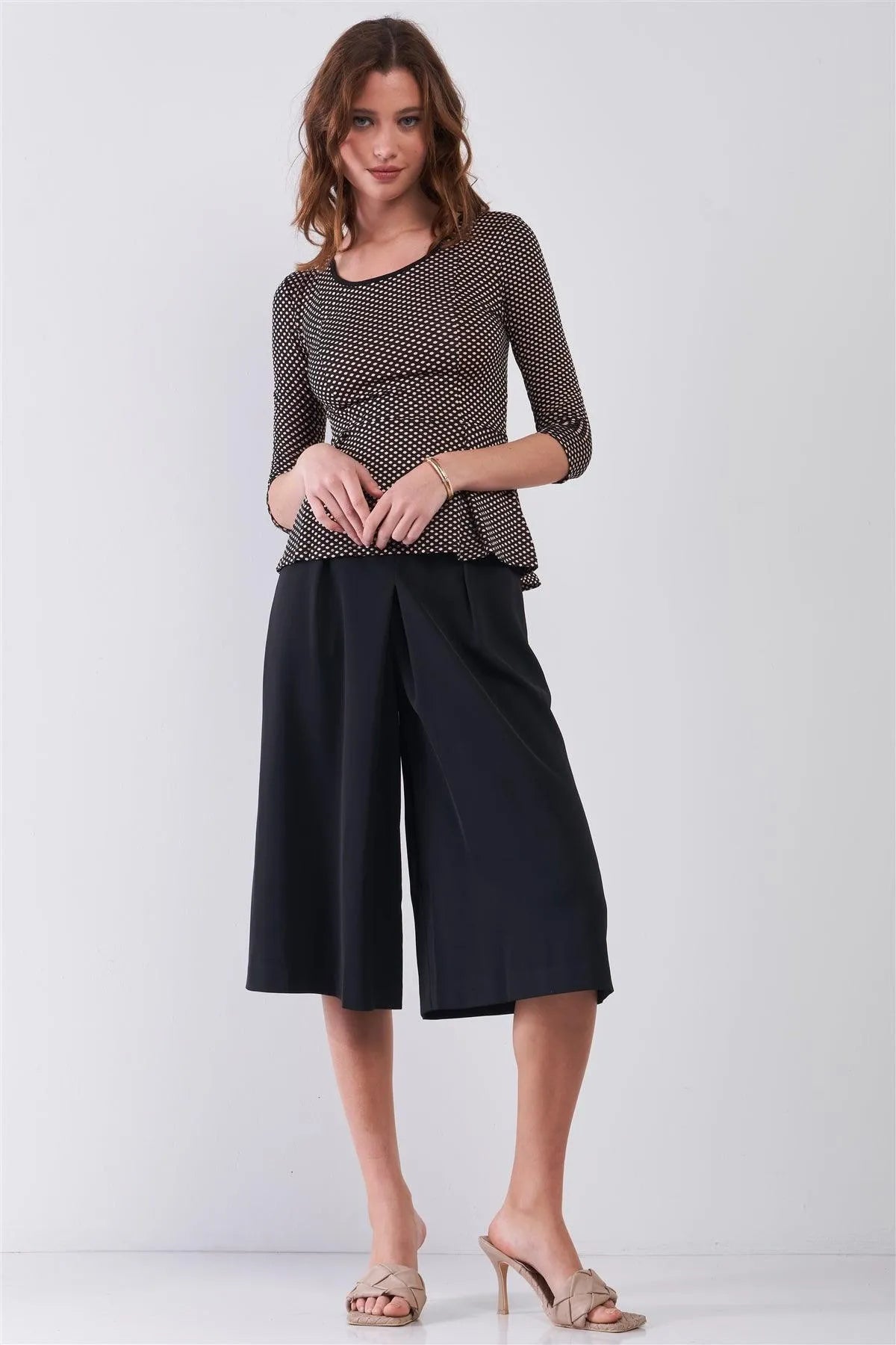 Blush & Black Polka Dot Pattern Print Scoop Neck Midi Sleeve Fit & Flare Top /2-1-3-1 - Tasha Apparel Wholesale