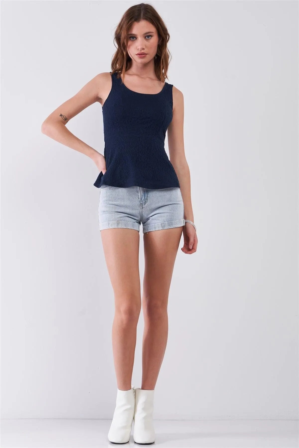 Navy Wrinkled Sleeveless Scoop Neck & Back Fit & Flare Top /1-2-3 - Tasha Apparel Wholesale