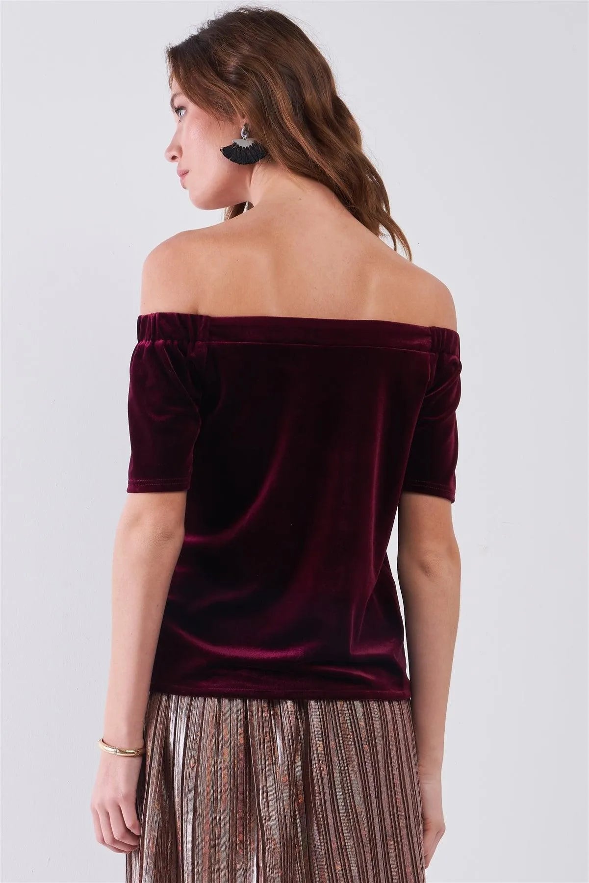Burgundy Velvet Off-The-Shoulder Short Sleeve Relaxed Top /1-2-2-1 - Tasha Apparel Wholesale
