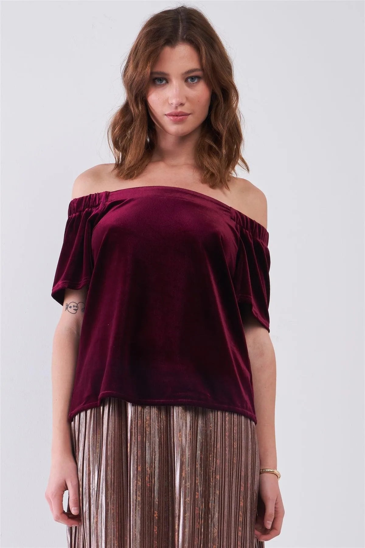Burgundy Velvet Off-The-Shoulder Short Sleeve Relaxed Top /1-2-1-2 - Tasha Apparel Wholesale