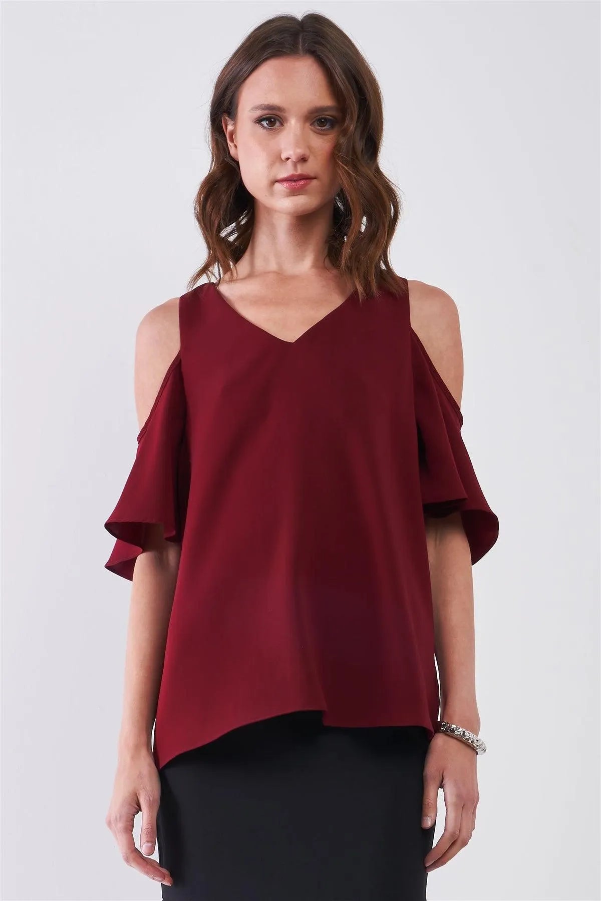 Burgundy V-Neck Cold Shoulder Detail Short Sleeve Relaxed Top /2-3 - Tasha Apparel Wholesale