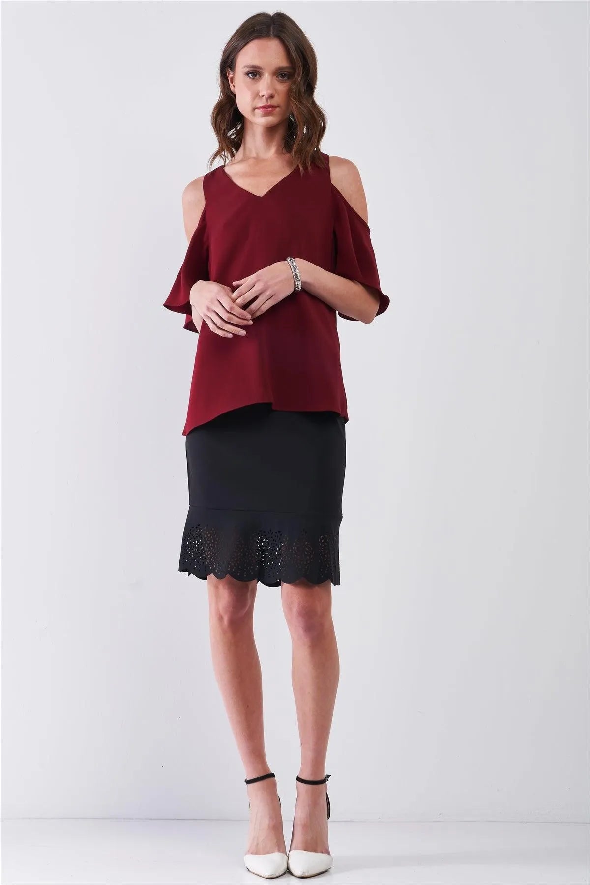 Burgundy V-Neck Cold Shoulder Detail Short Sleeve Relaxed Top /2-1-1-2 - Tasha Apparel Wholesale