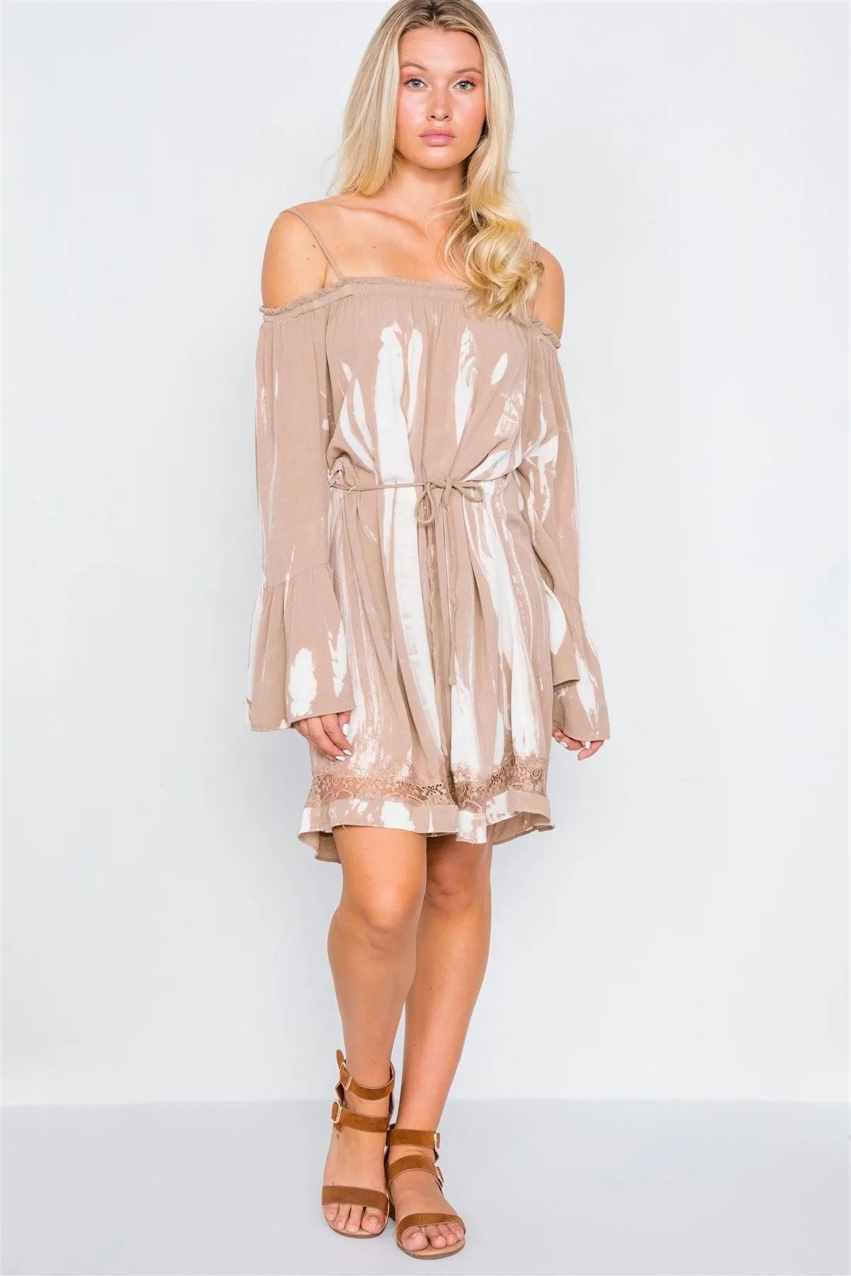 Tan Bell Sleeves Tie Dye Boho Mini Dress /2-2-2 - Tasha Apparel Wholesale