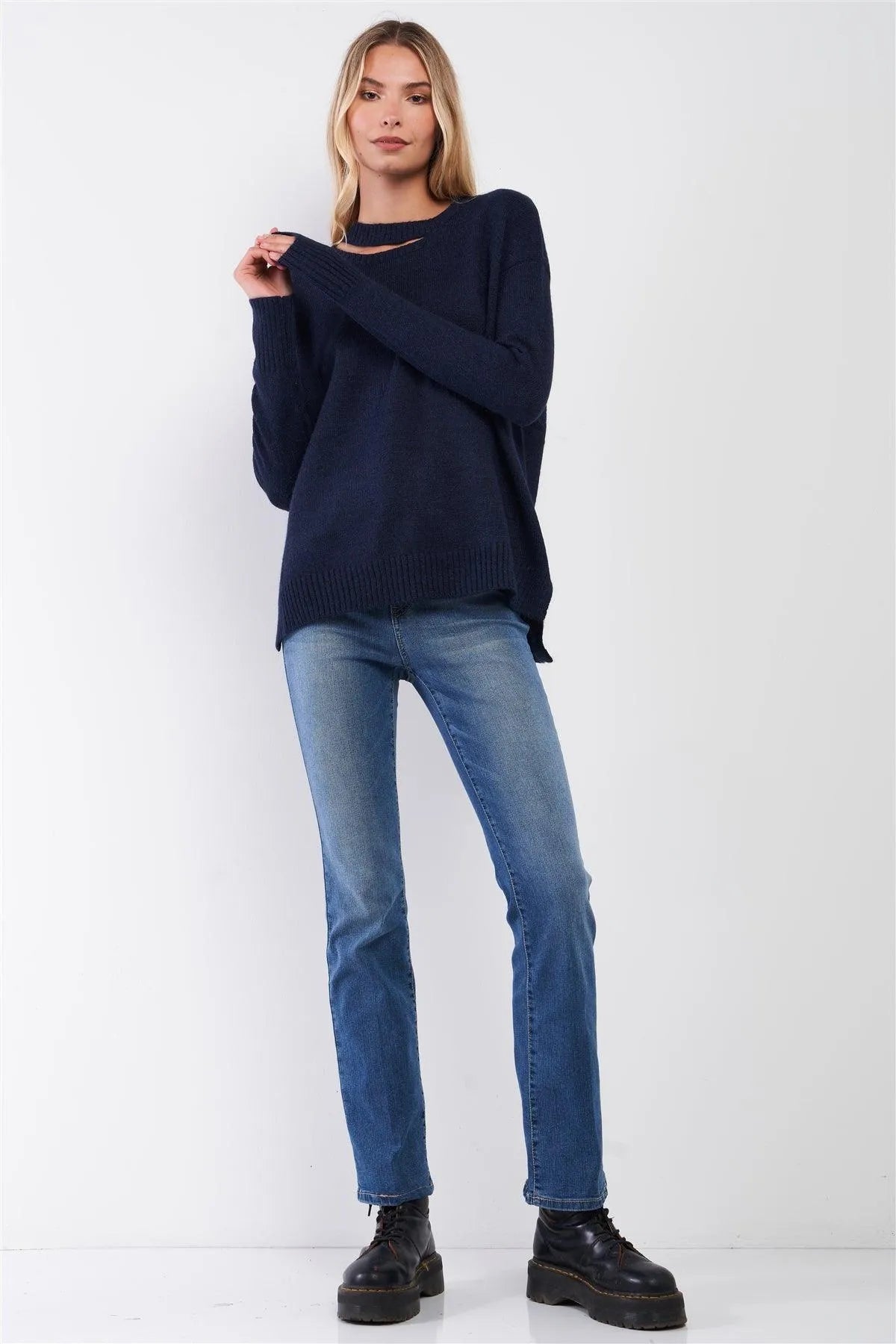 Navy Crew Neck With Cut-Out Detail Long Sleeve Loose Fit Sweater /3-3 - Tasha Apparel Wholesale