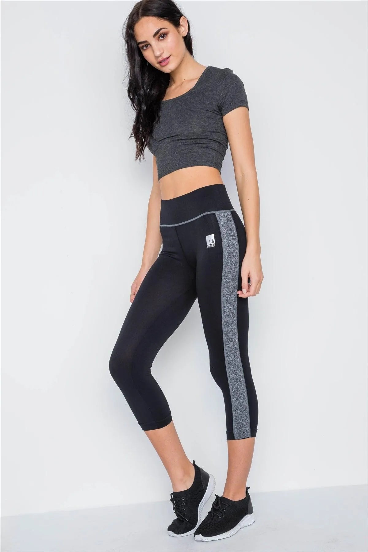 Black Grey Contrast Stripe Active Sporty Leggings /5-5 - Tasha Apparel Wholesale