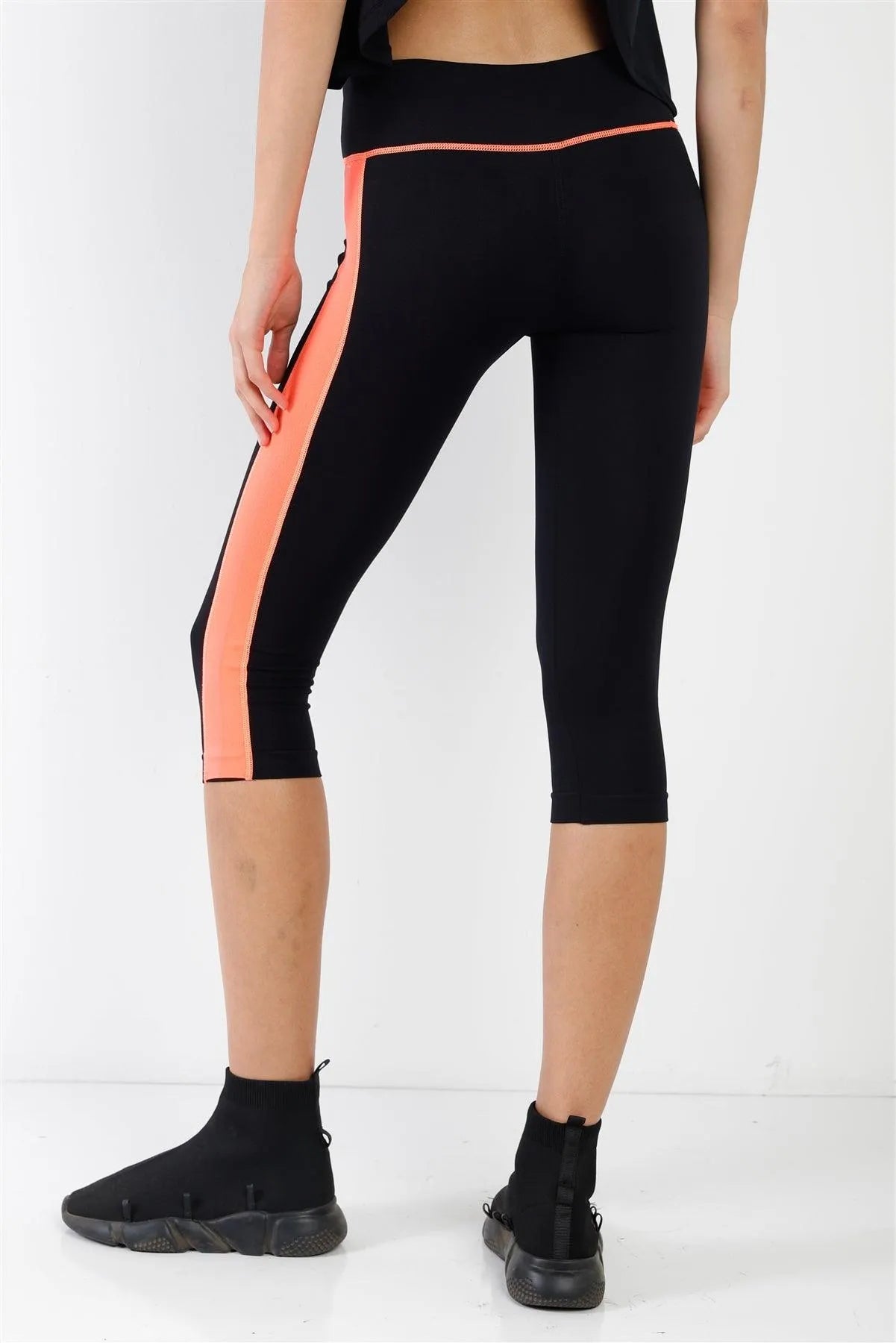 Black Orange Contrast Stripe Active Sporty Leggings /5-5 - Tasha Apparel Wholesale