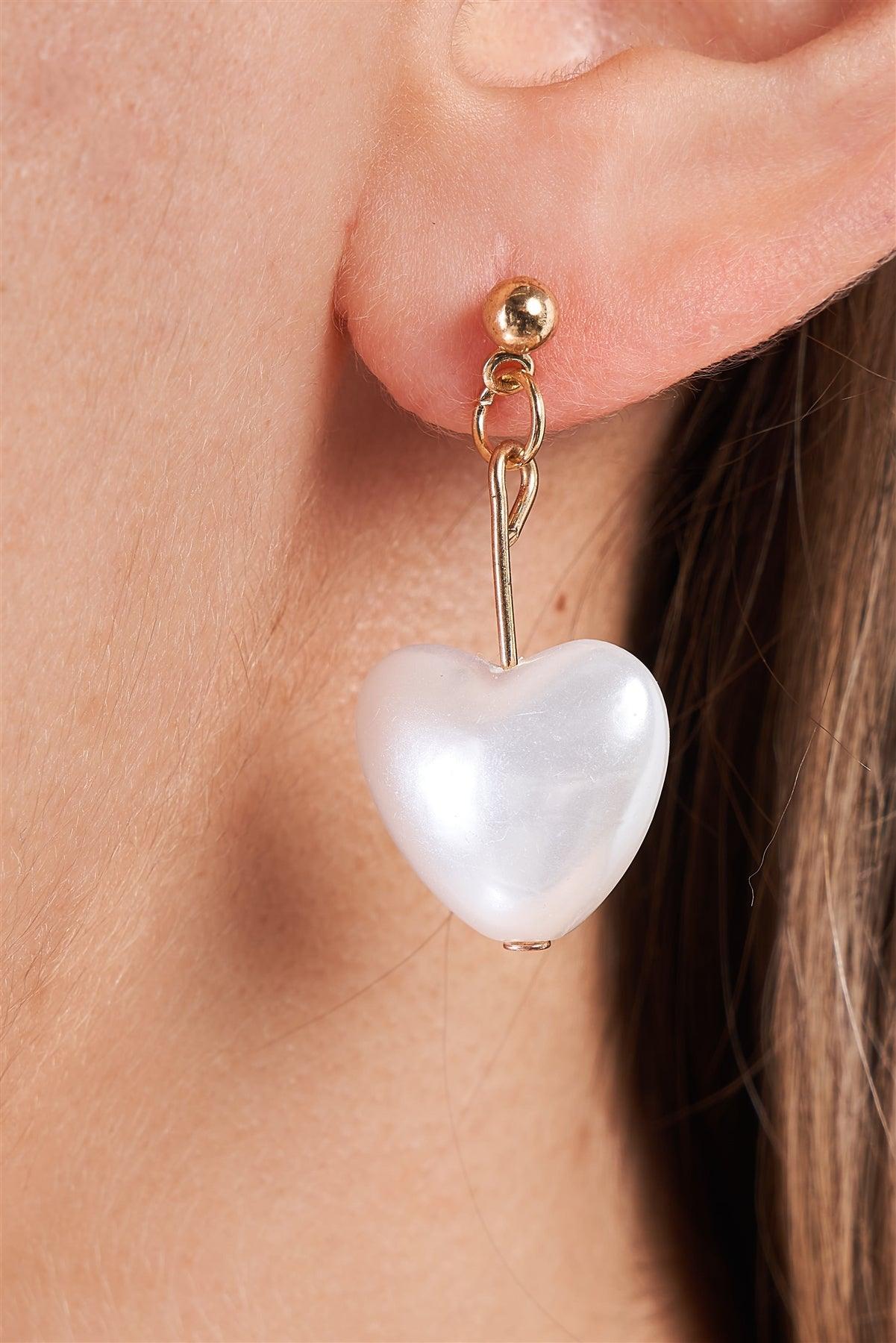 Gold Heart Shape Pearl Drop Earrings /3 Piece