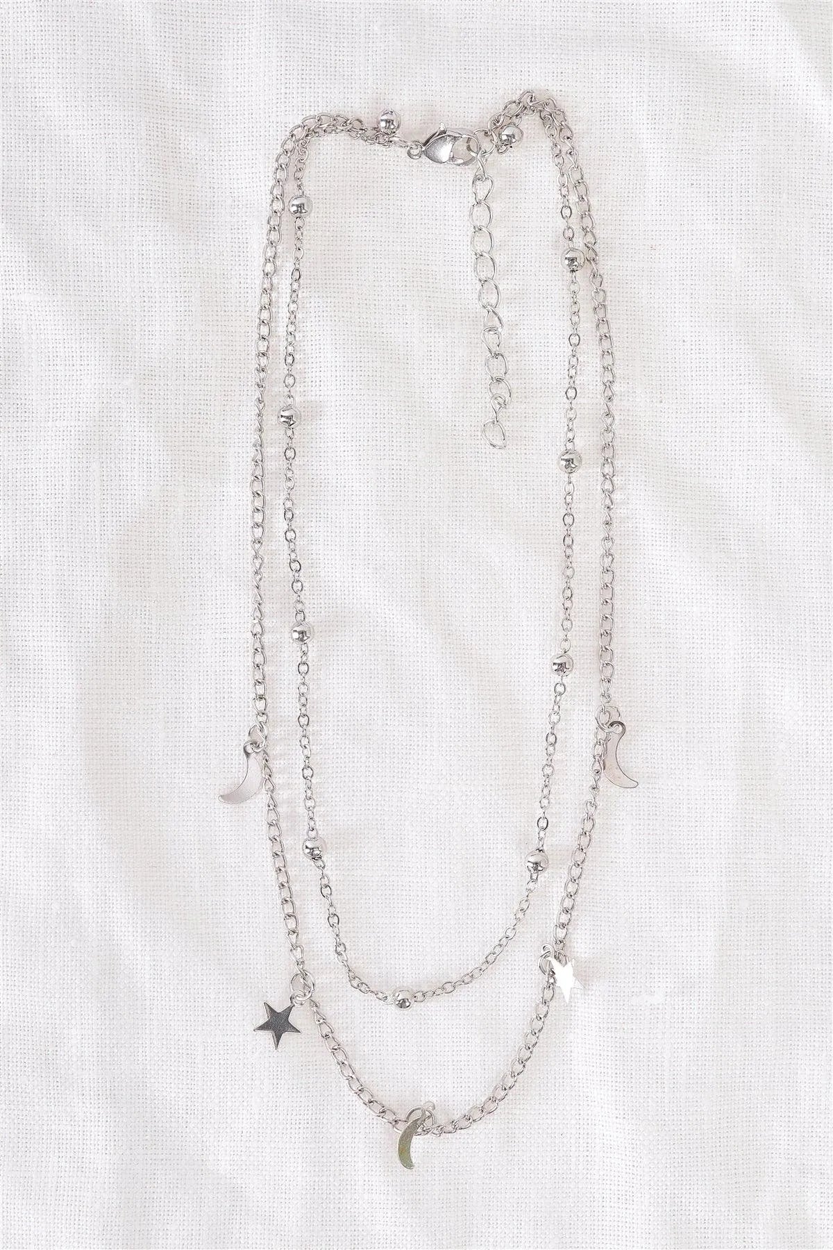 Night Sky Star Moon Silver Beaded Double Chocker Necklace - Tasha Apparel Wholesale