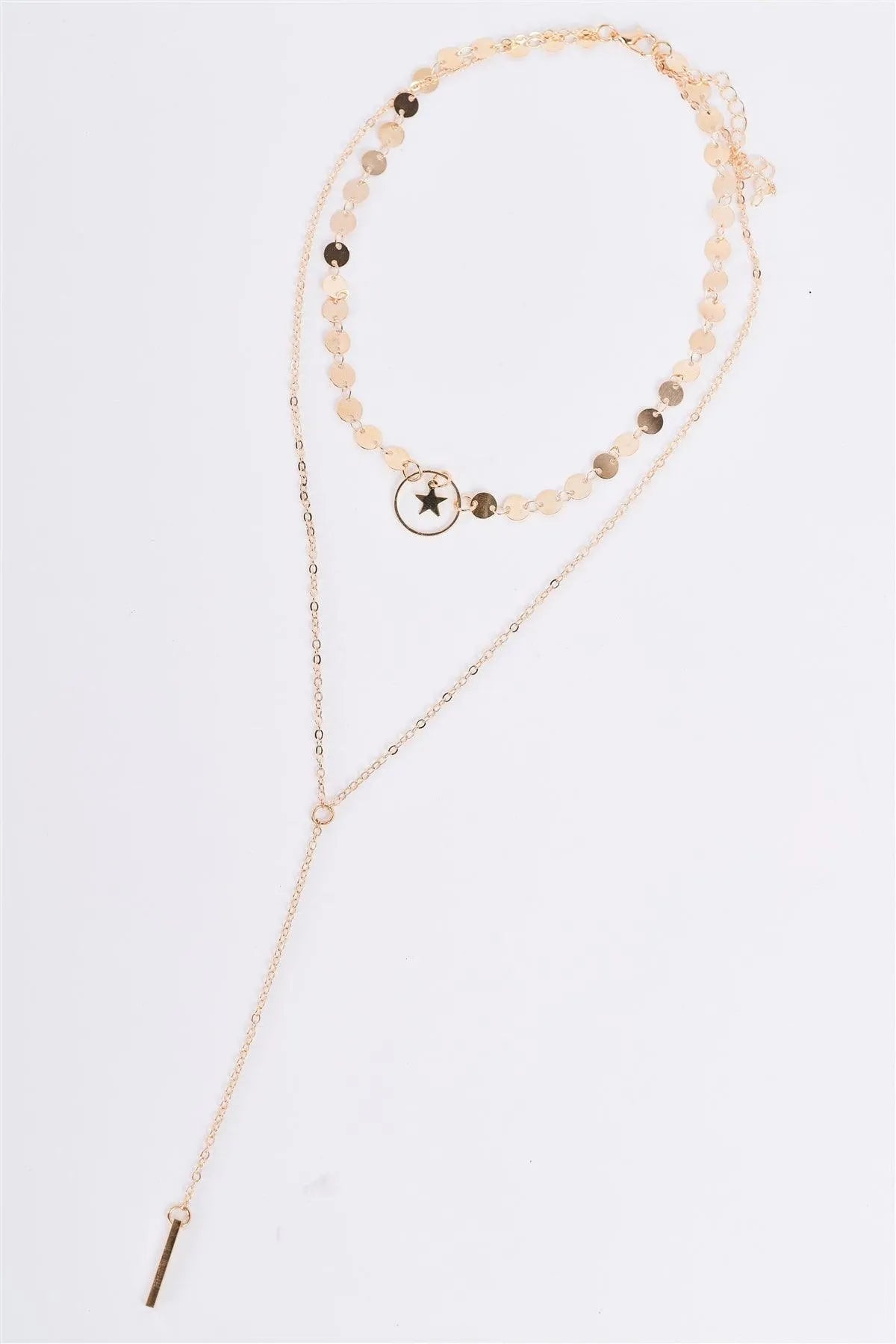 Gold Double Layered Star Medallions Lariat Chain Necklace - Tasha Apparel Wholesale