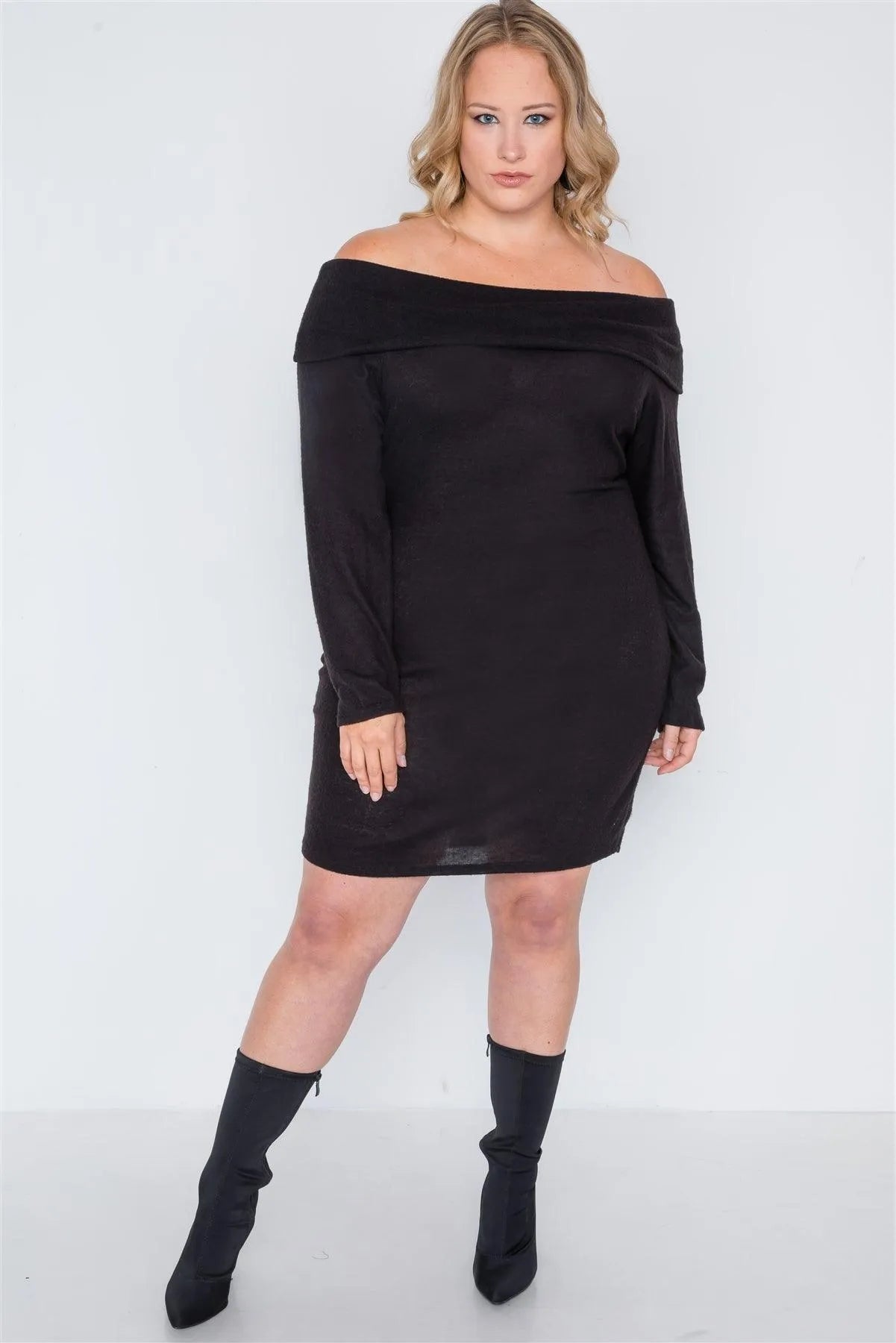 Junior Plus Size Black Off-The Shoulder Long Sleeve Dress /2-2-2 - Tasha Apparel Wholesale
