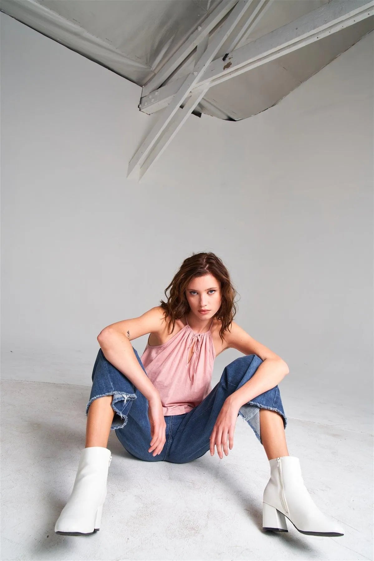 Misty Rose Sleeveless Halter Neck Self-Tie Front Drawstring Loose Fit Top /1-2-2-1 - Tasha Apparel Wholesale