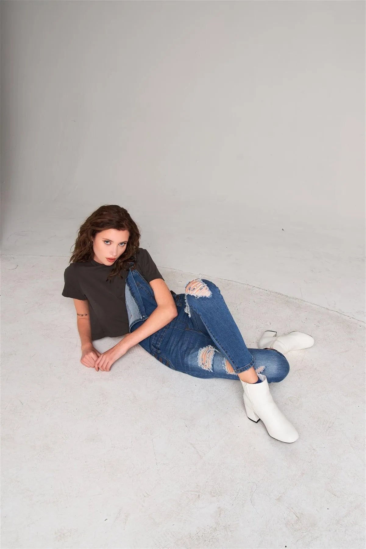 Charcoal Short Sleeve Round Neck Petal Split Back Detail Crop Tee /1-2-2-1 - Tasha Apparel Wholesale