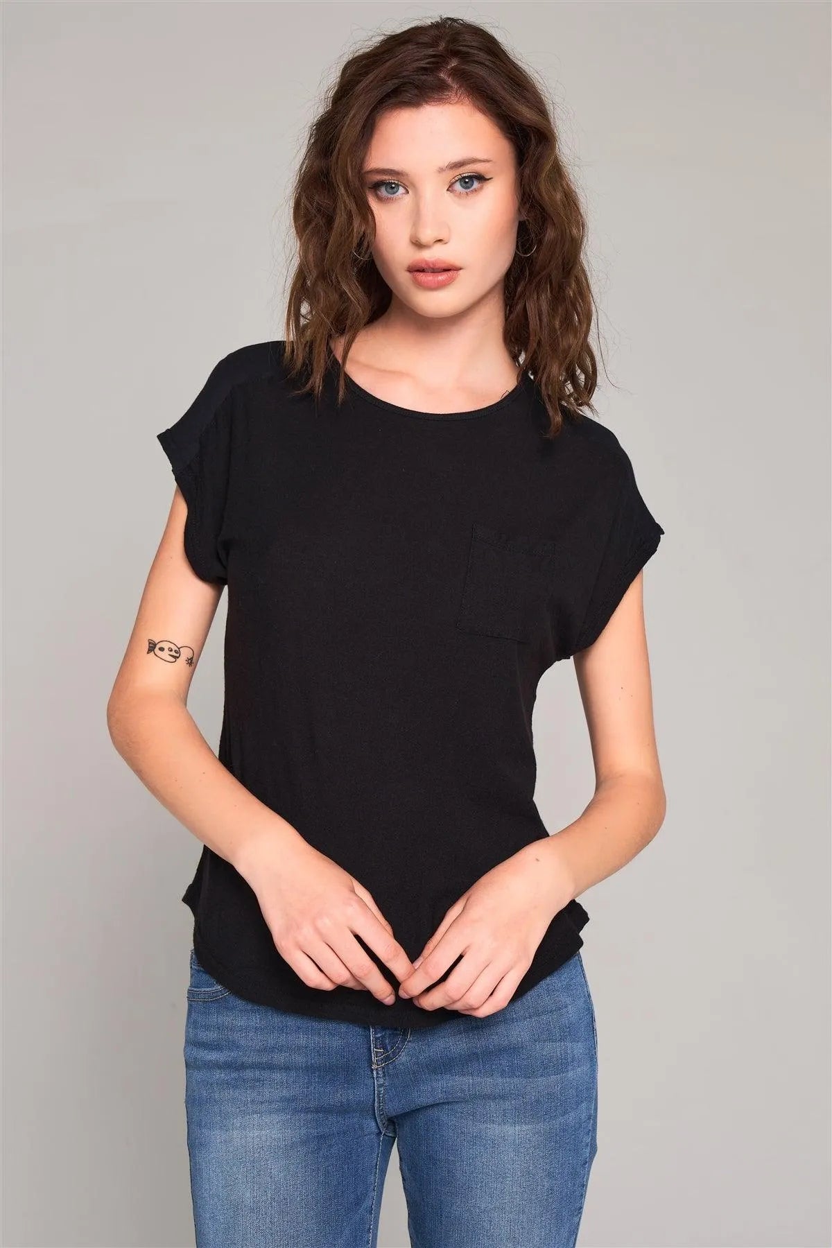 Black Ribbed Shoulder Round Neck Chest Pocket Detail Relaxed Tee /1-2-2-1 - Tasha Apparel Wholesale