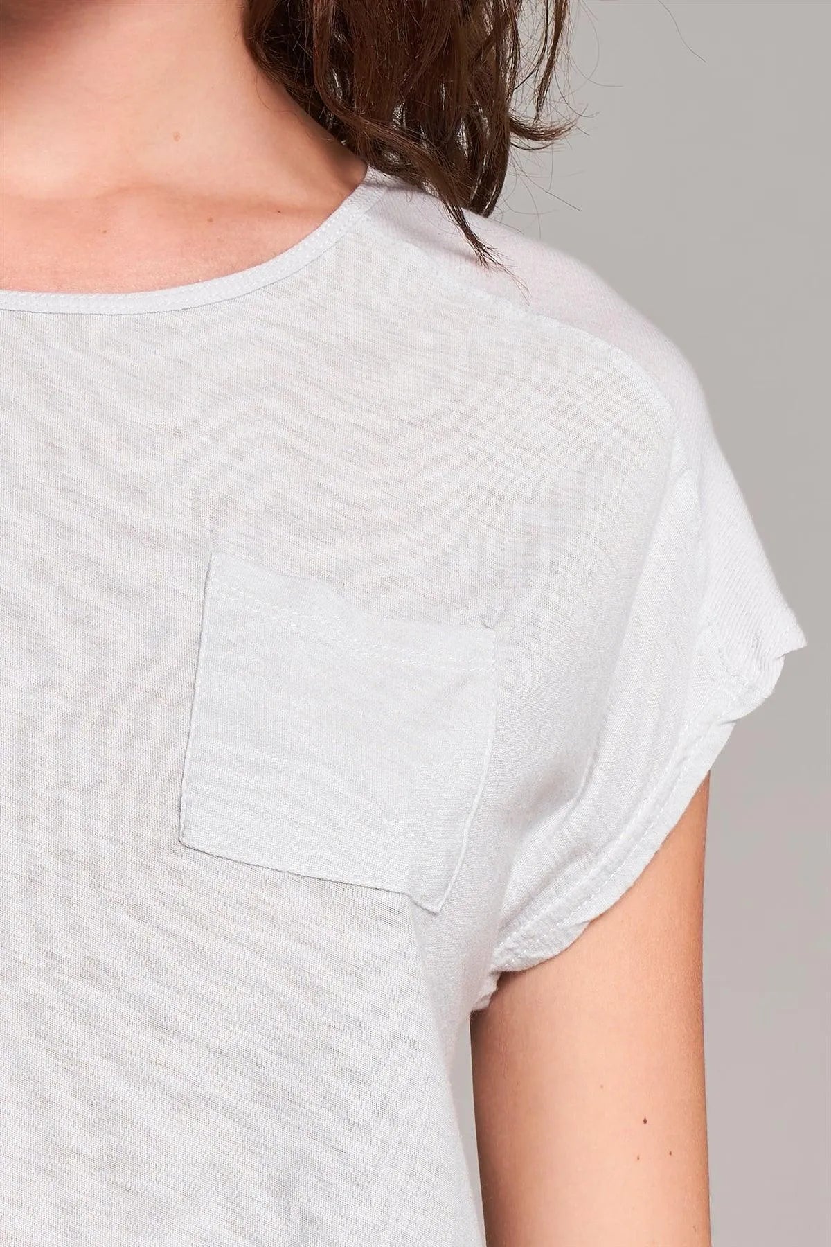 Moonshine Grey Ribbed Shoulder Round Neck Chest Pocket Detail Relaxed Tee - Tasha Apparel Wholesale