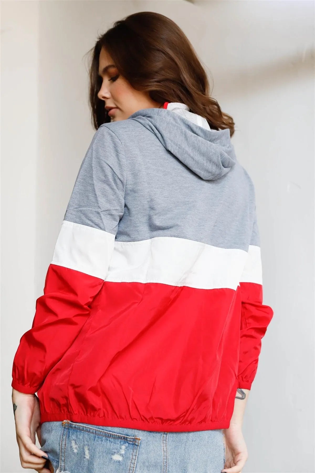 Grey Red & White Colorblock Zip-Up Hooded Wind Jacket /1-2-2-1 - Tasha Apparel Wholesale