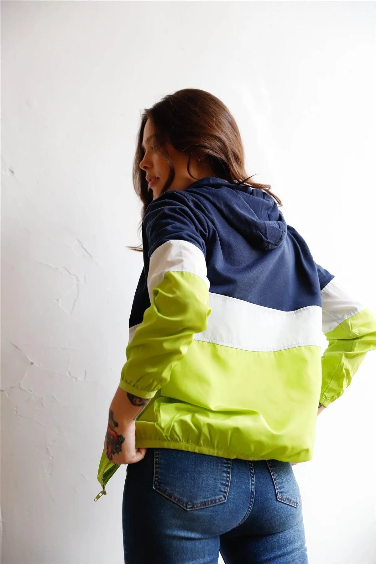 Navy Green & White Colorblock Zip-Up Hooded Wind Jacket /2-2-1 - Tasha Apparel Wholesale