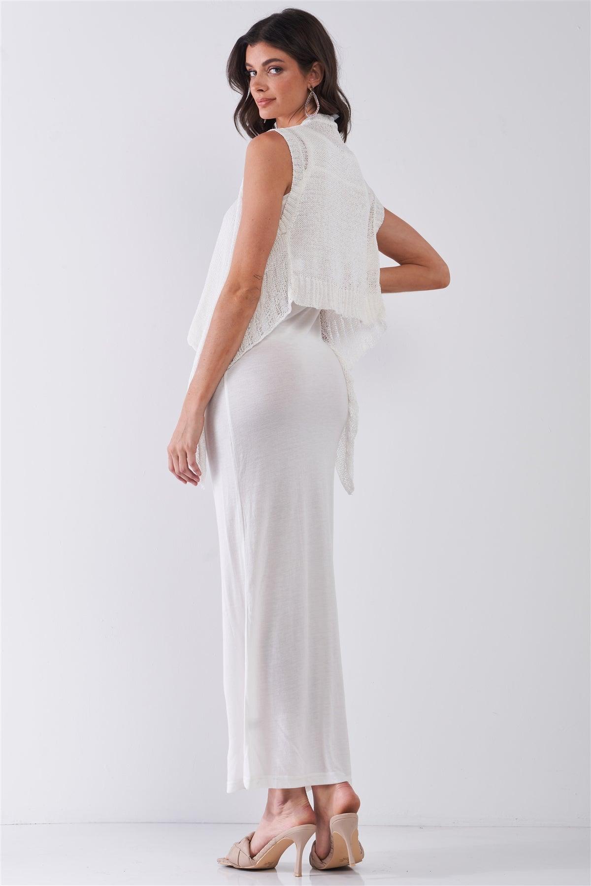 Boho White Maxi Dress With Crochet Sleeveless Poncho