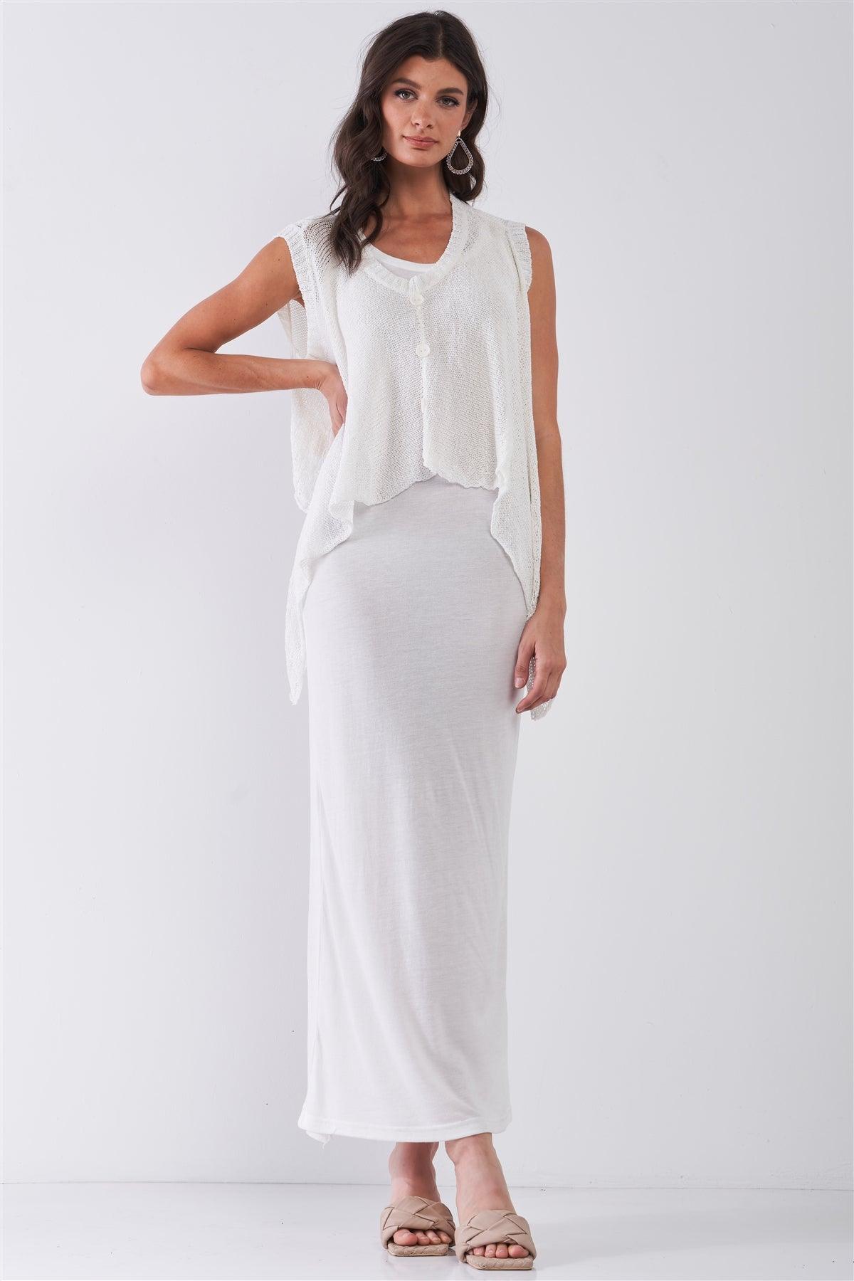 Boho White Maxi Dress With Crochet Sleeveless Poncho