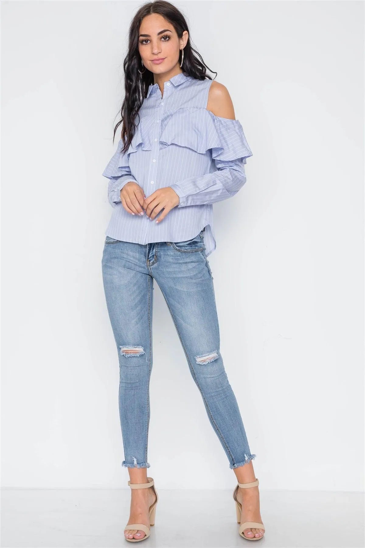 Blue Stripe Cold Shoulder Button Down Top - Tasha Apparel Wholesale