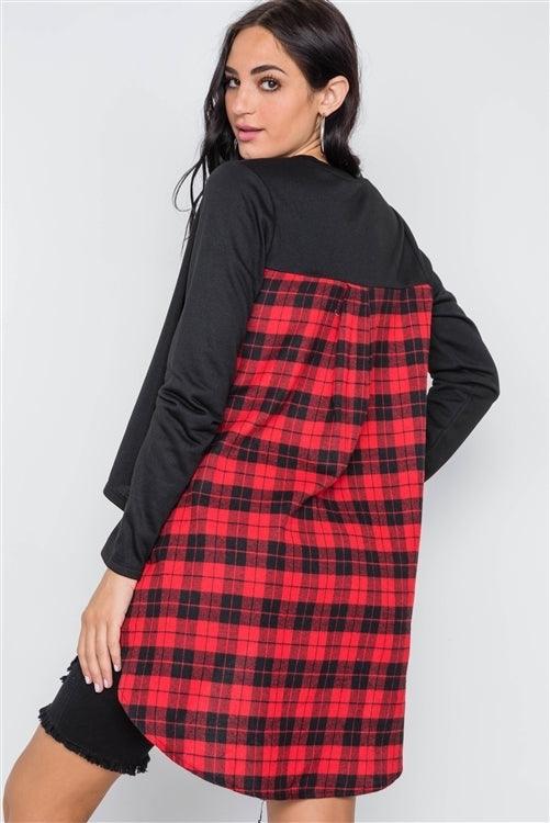 Black Red Combo Plaid High Low Knit Top