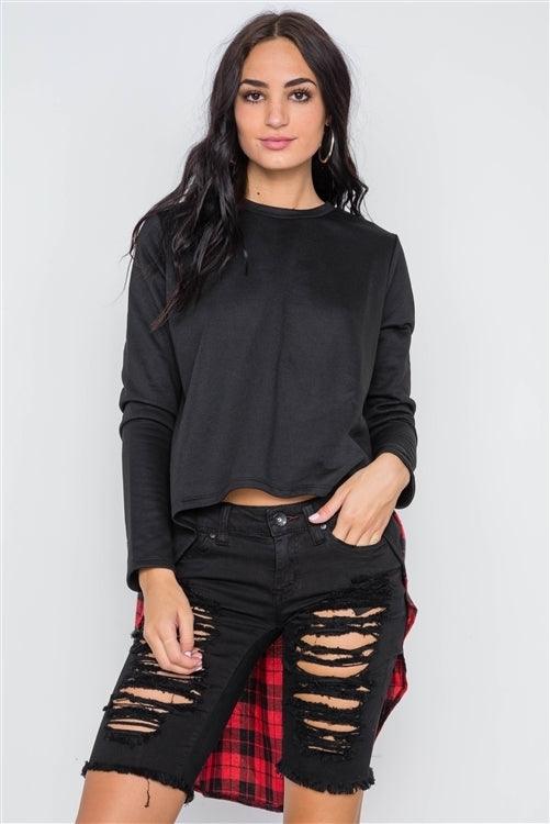 Black Red Combo Plaid High Low Knit Top
