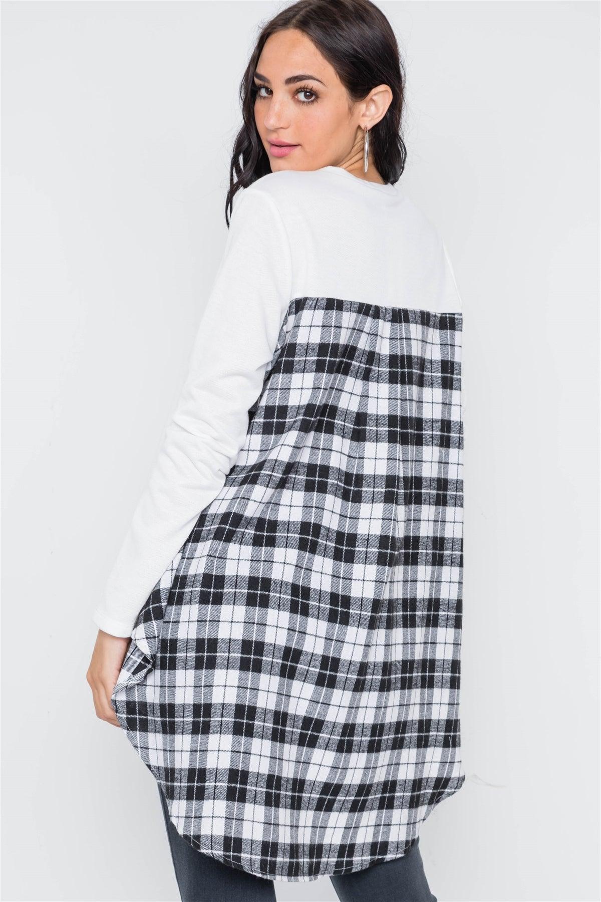 White Combo Plaid High Low Knit Top