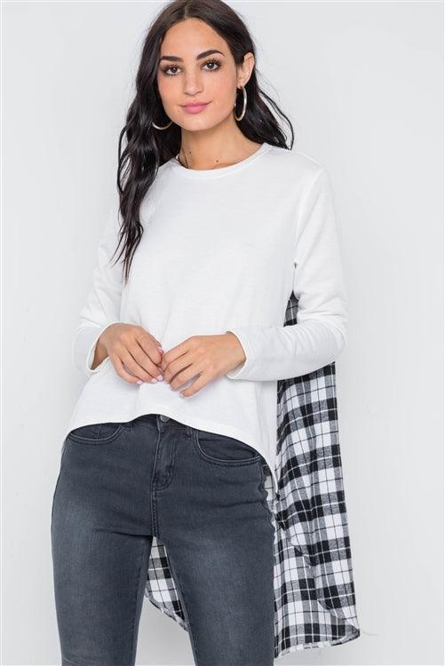 White Combo Plaid High Low Knit Top