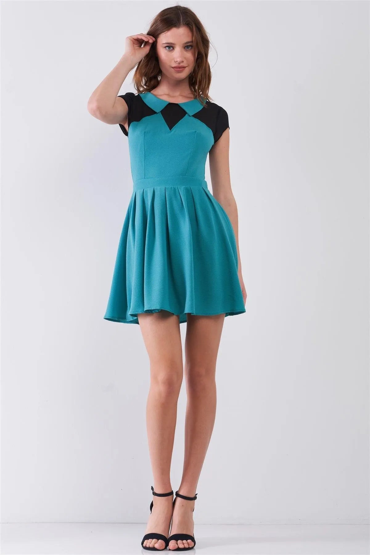 Teal & Black Color Block Sheer Collared Neck Short Sleeve A-Line Mini Dress /1-2-2-1 Teal & Black Color Block Sheer Collared Neck Short Sleeve A-Line Mini Dress /1-2-2-1
