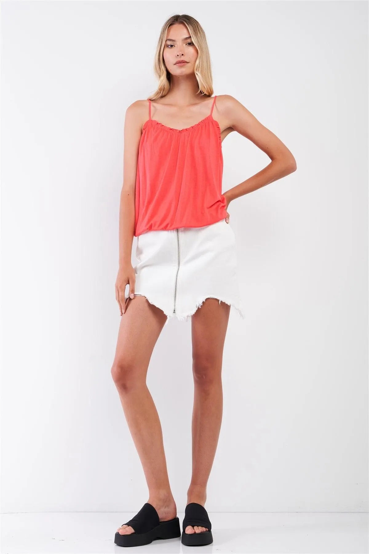 Coral Sleeveless Frill Trim Round Neck Relaxed Cami Top /2-1-2-1 - Tasha Apparel Wholesale
