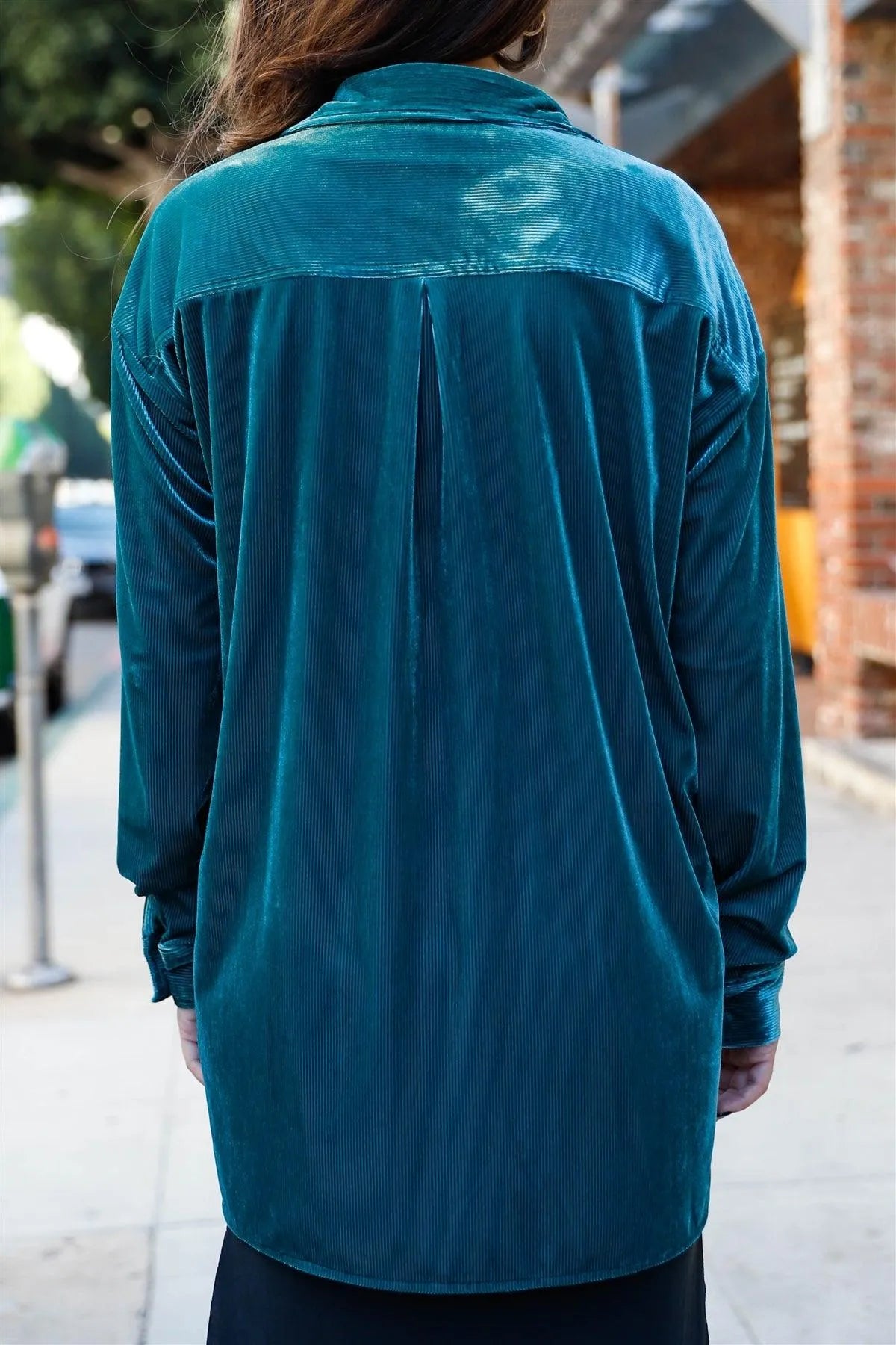 Teal Corduroy Velvet Oversized Collared Shirt /2-2-2 - Tasha Apparel Wholesale