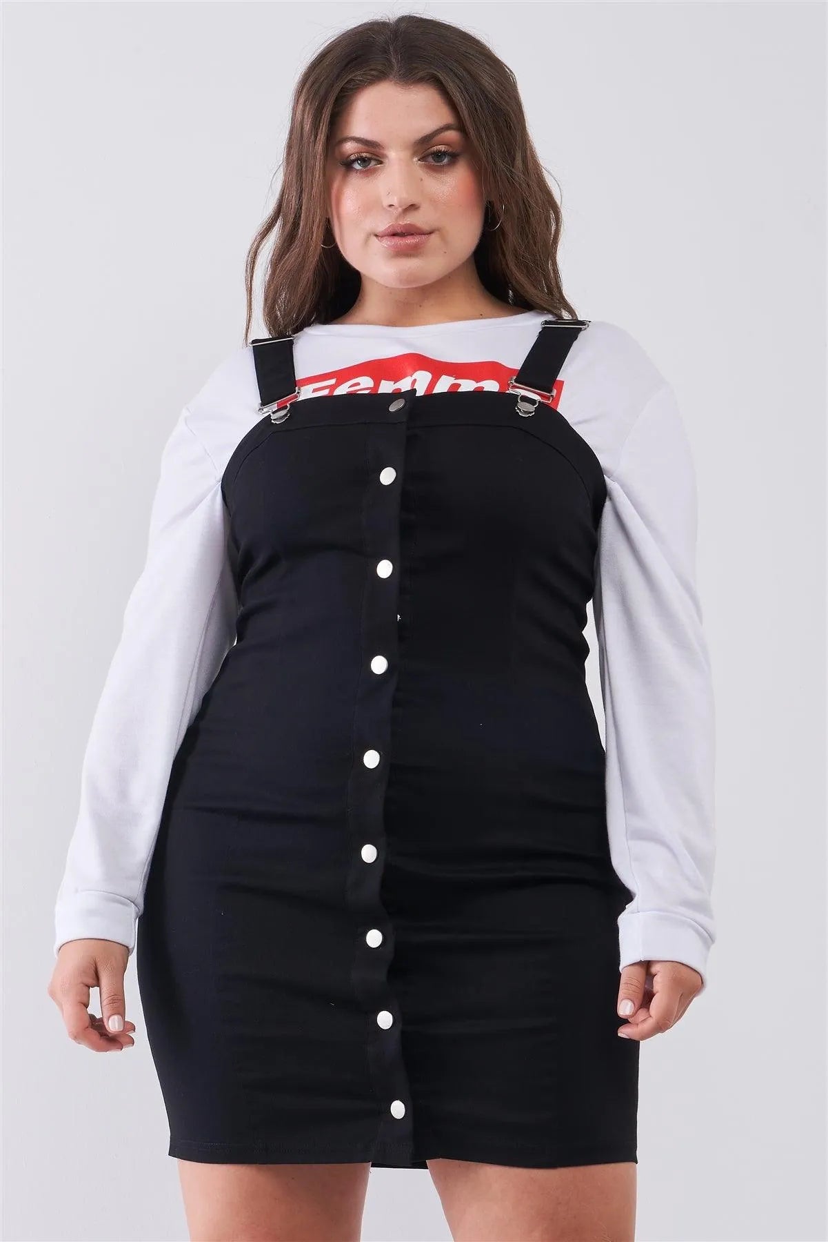 Plus Size Black Denim Front Snap Pinafore Mini Dress Plus Size Black Denim Front Snap Pinafore Mini Dress