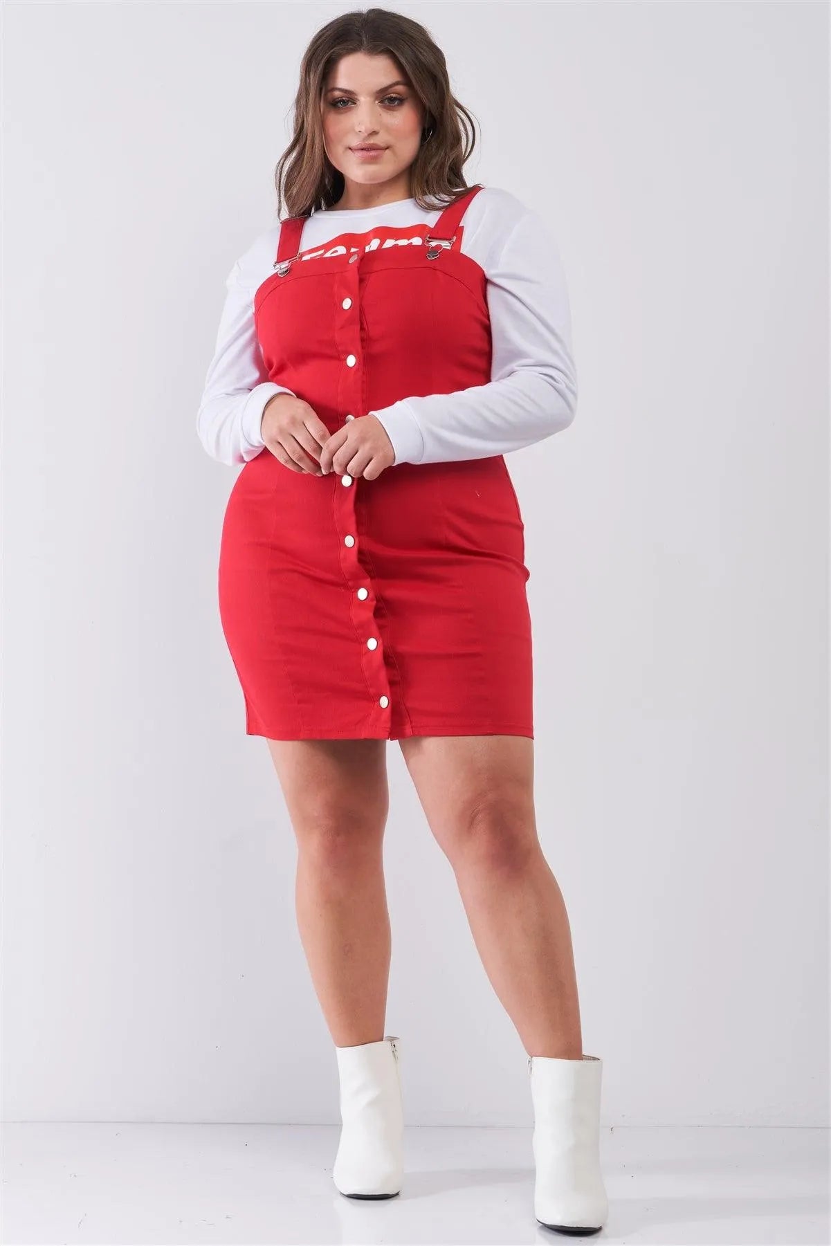 Plus Size Denim Front Button Down Pinafore Mini Dress - Tasha Apparel Wholesale