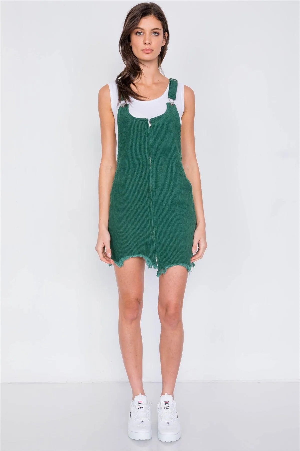 Green Front Zipper Shark Bite Raw Hem Mini Overall Corduroy Dress /3-2-1 - Tasha Apparel Wholesale