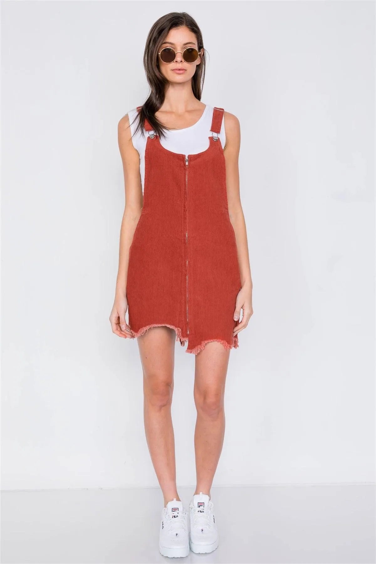 Rust Front Zipper Shark Bite Raw Hem Mini Overall Corduroy Dress /3-2-1 - Tasha Apparel Wholesale