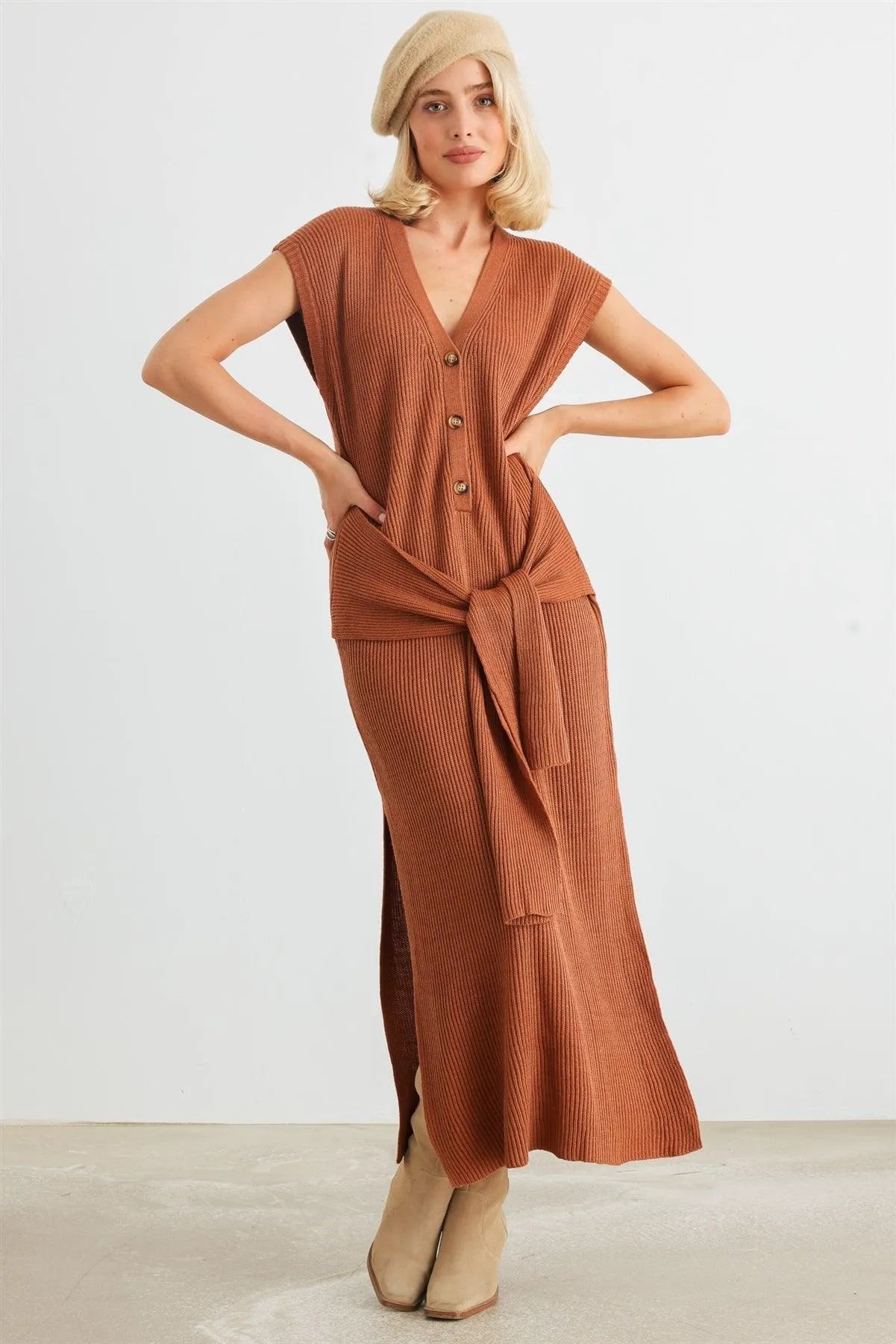 Rust Knit Button-Up Sleeveless Belted Midi Sweater Dress /2-2-1 Rust Knit Button-Up Sleeveless Belted Midi Sweater Dress /2-2-1