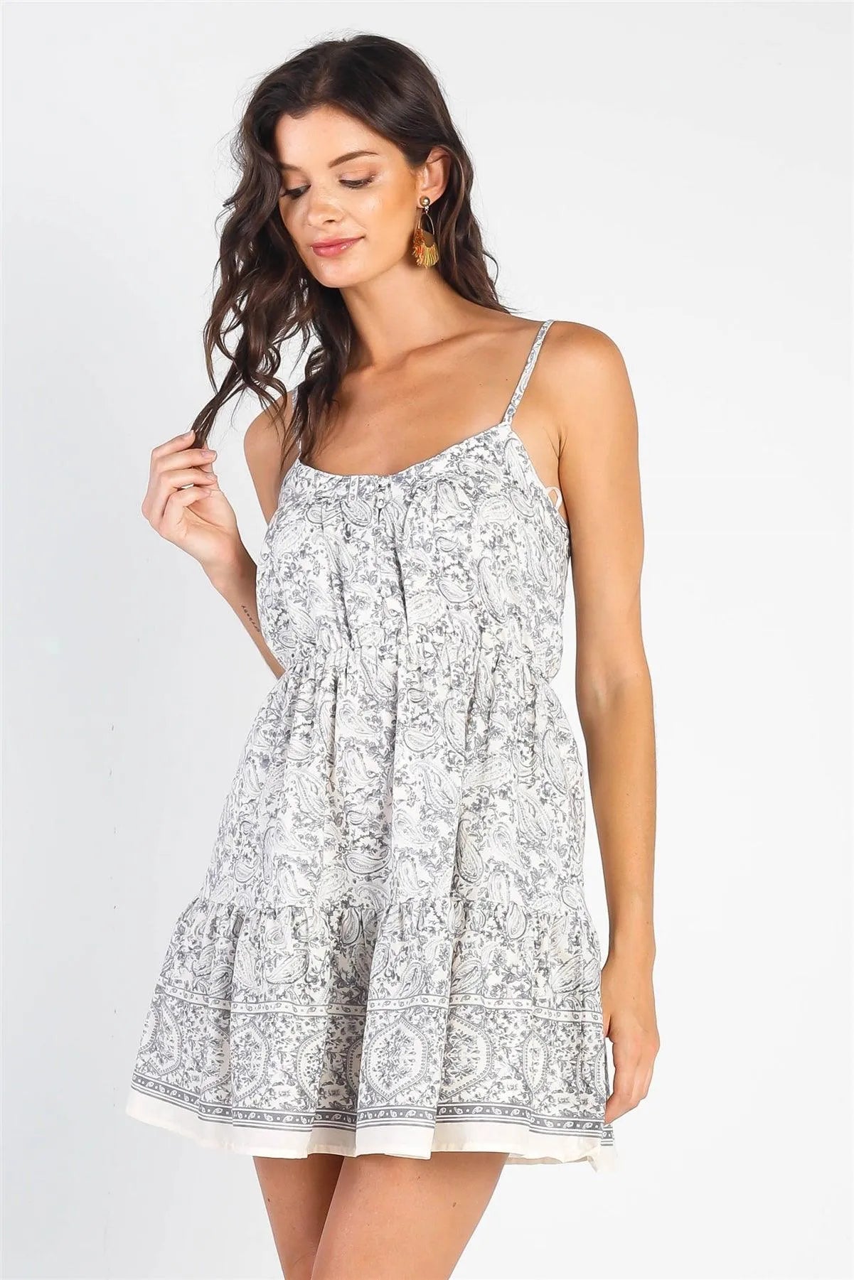 Cream & Grey Cotton Paisley Print Sleeveless Mini Dress /3-2-1 - Tasha Apparel Wholesale