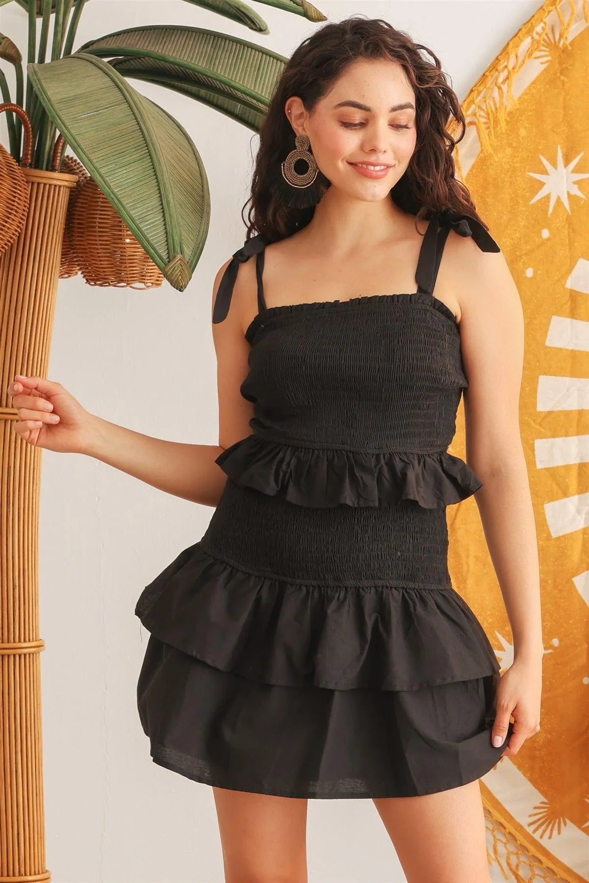 Black Cotton Smocked Ruffle Sleeveless Mini Dress /3-2-1 Black Cotton Smocked Ruffle Sleeveless Mini Dress /3-2-1