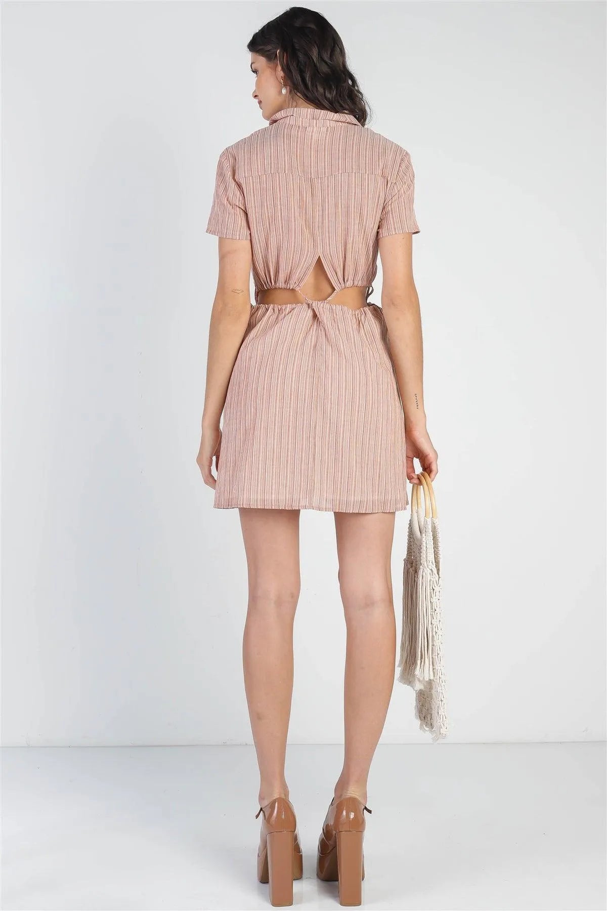 Orange Multi Color Stripe Cotton Cut-Out Tie Detail Shirt Mini Dress /3-2-1 - Tasha Apparel Wholesale