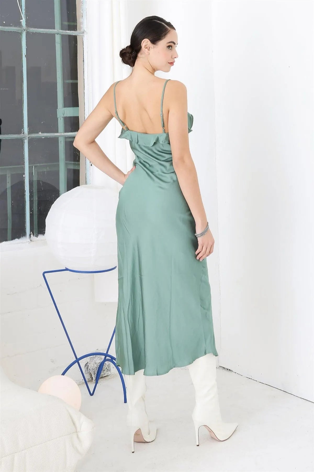 Sage Satin Sleeveless Strappy Ruffle Side Slit Midi Dress /1-2-2-1 - Tasha Apparel Wholesale