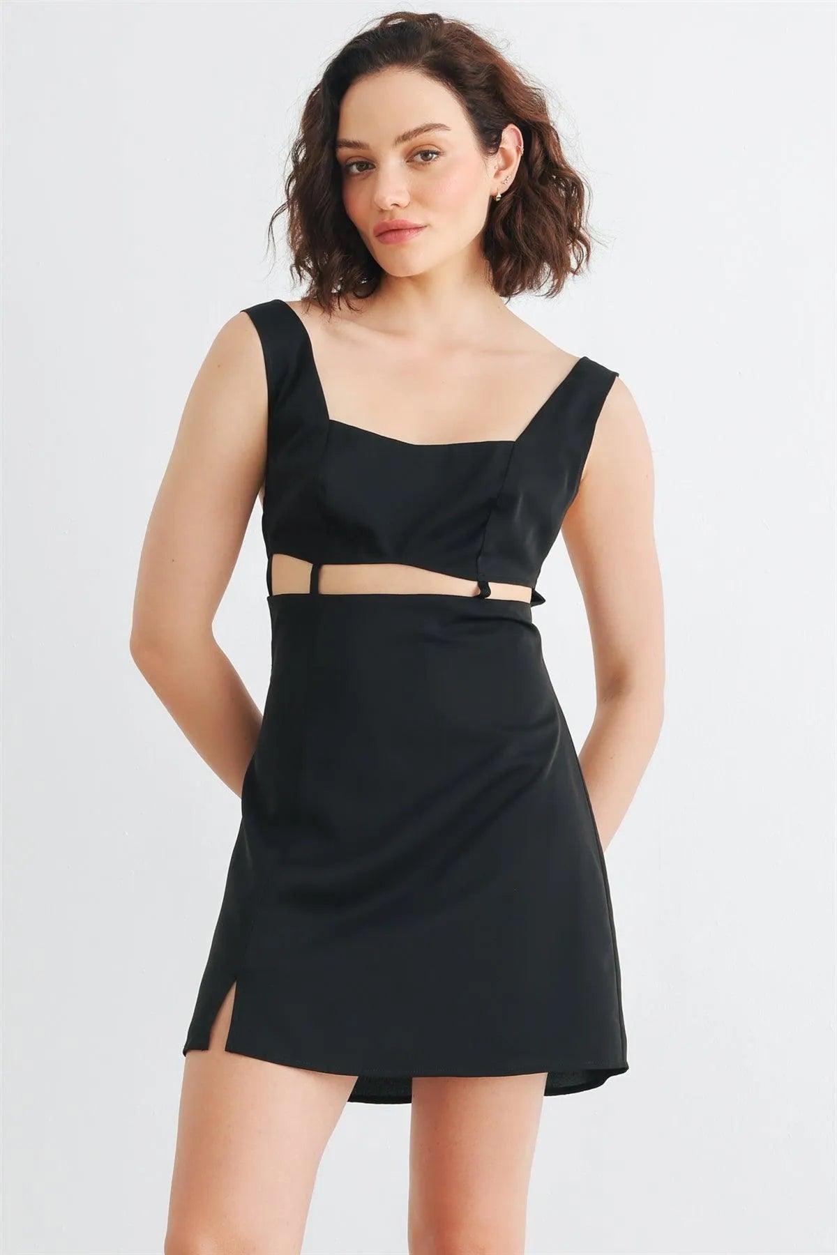 Black Sleeveless Cut-Out Detail Square Neck Back Criss-Cross Mini Dress /1-2-2-1 Black Sleeveless Cut-Out Detail Square Neck Back Criss-Cross Mini Dress /1-2-2-1