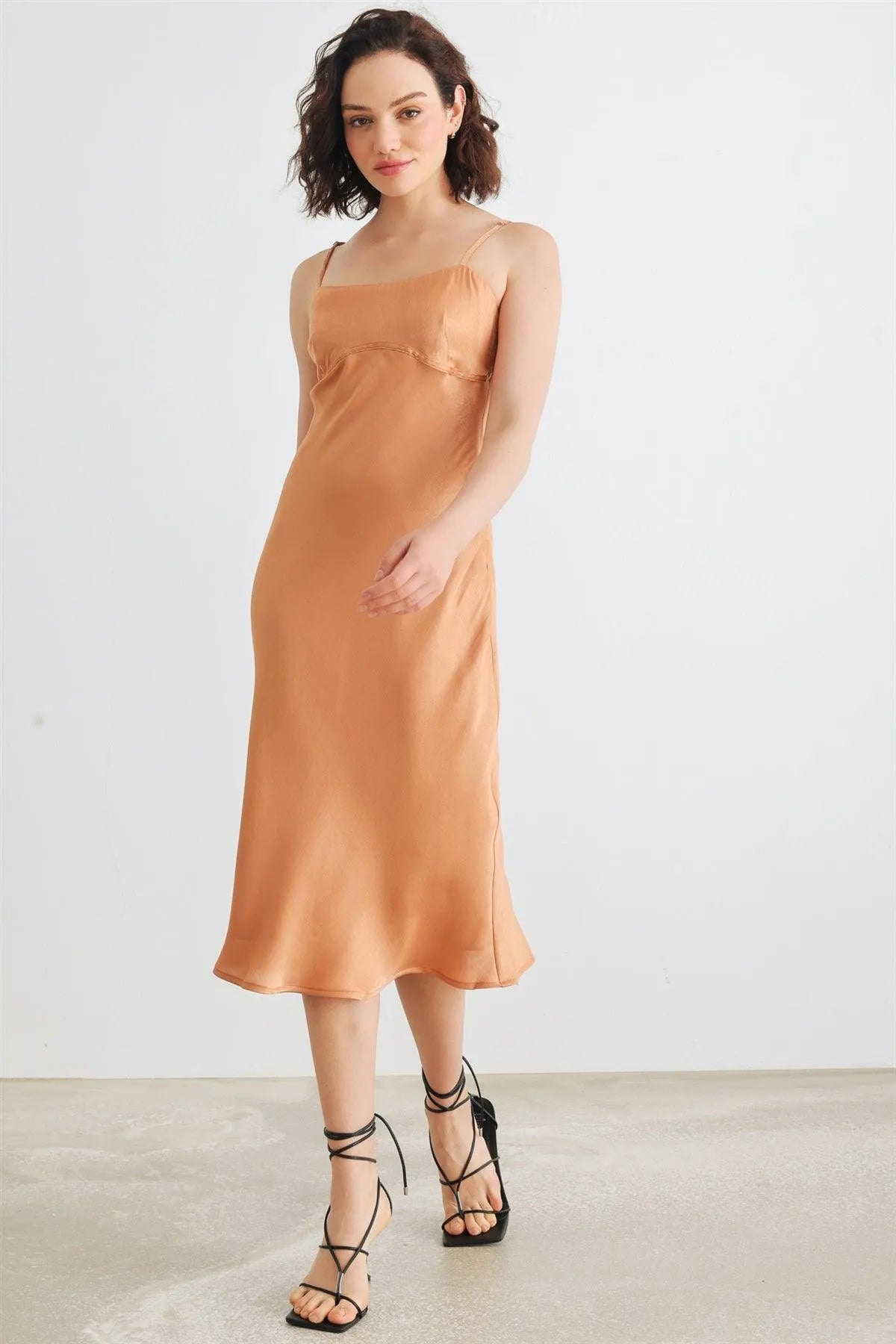 Dusty Orange Satin Strappy Midi Dress /1-2-2-1 - Tasha Apparel Wholesale