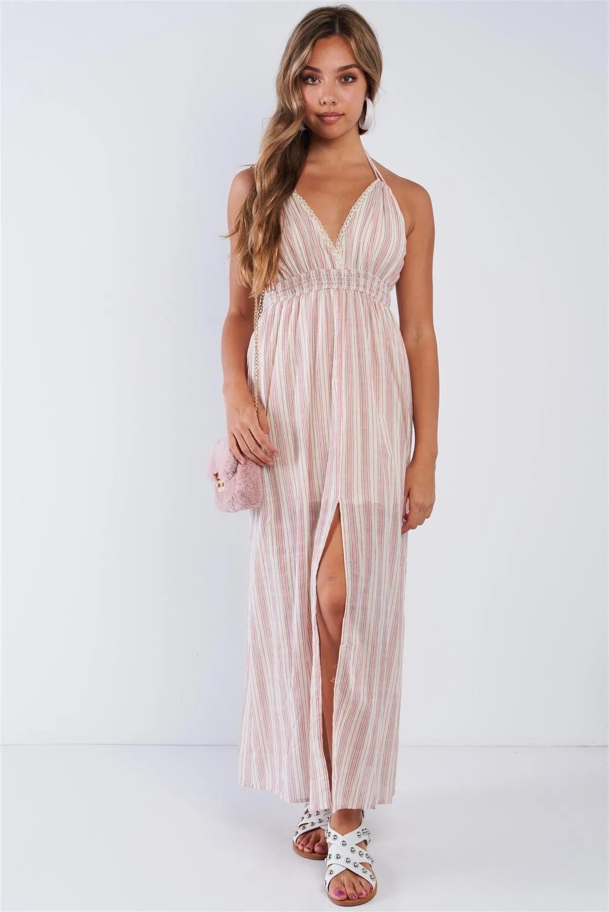 Linen Mauve Striped V-neck Resort Style Split Seam Maxi Dress Linen Mauve Striped V-neck Resort Style Split Seam Maxi Dress