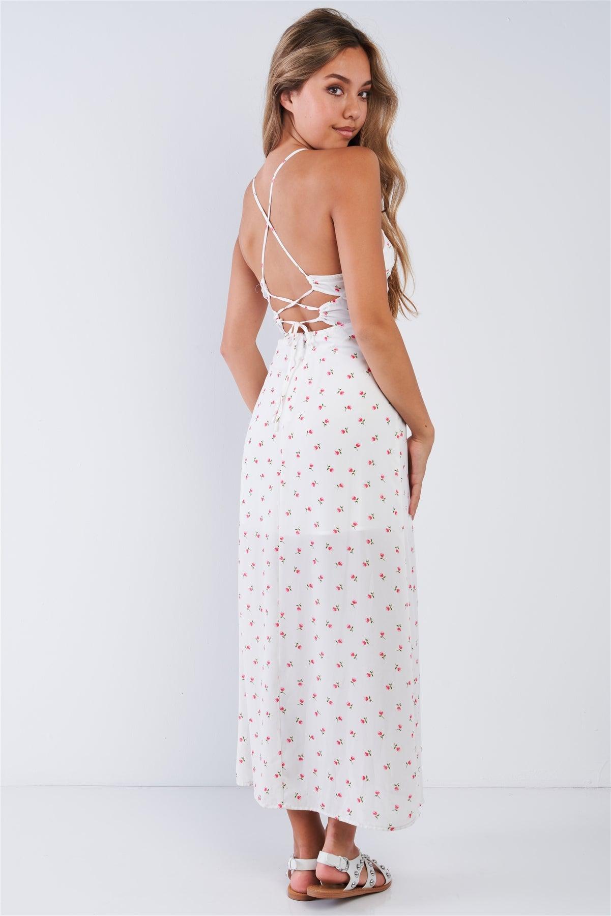 White Chiffon Rose Print Cami Strapped Self Tie Maxi Dress