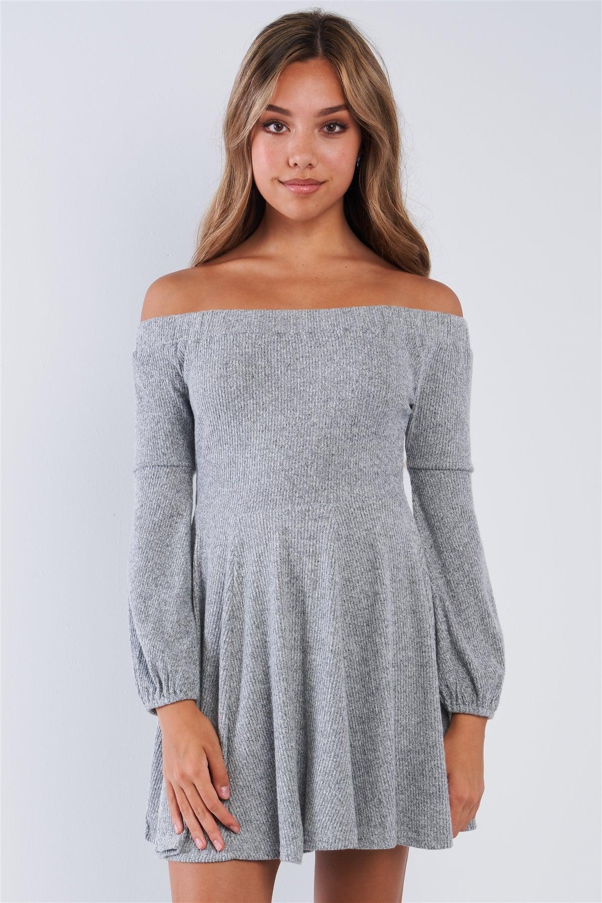 Heather Grey Soft Ribbed Fleece Off The Shoulder Sweater Dress