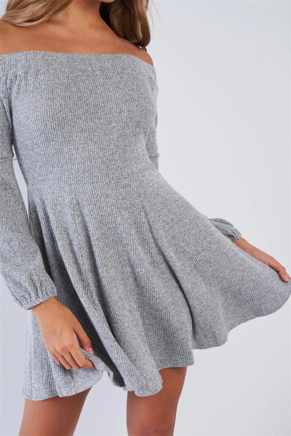 Grey Soft Ribbed Fleece Off The Shoulder Sweater Dress - Tasha Apparel Wholesale