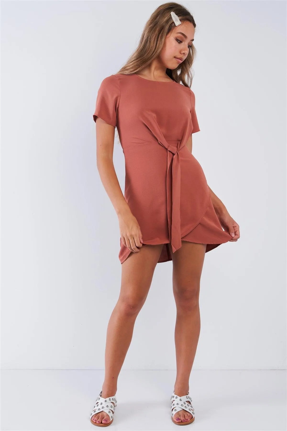 Short Sleeve Knotted Crew Neck Chic Mini Dress - Tasha Apparel Wholesale