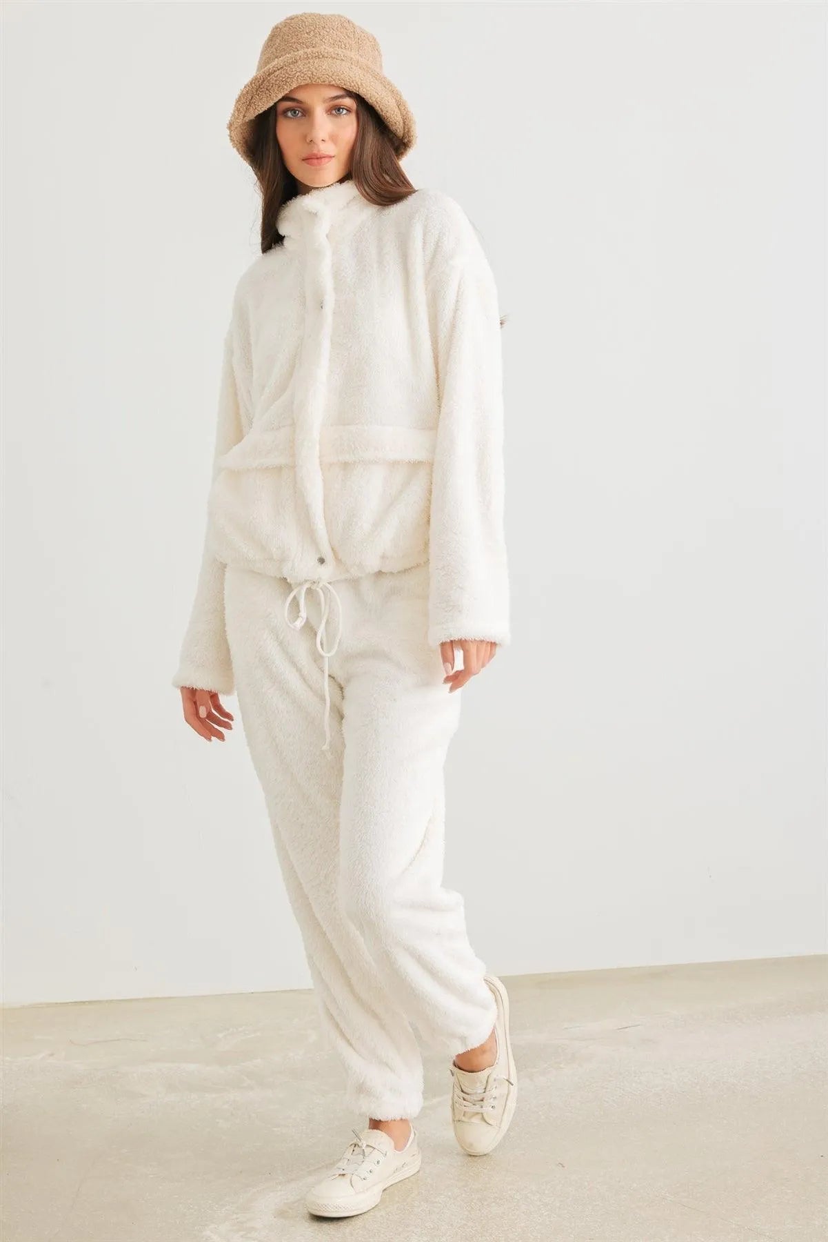 Ivory Fuzzy Knit Button-Up Long Sleeve Jacket & High Waist Pants Set /2-2-2 - Tasha Apparel Wholesale